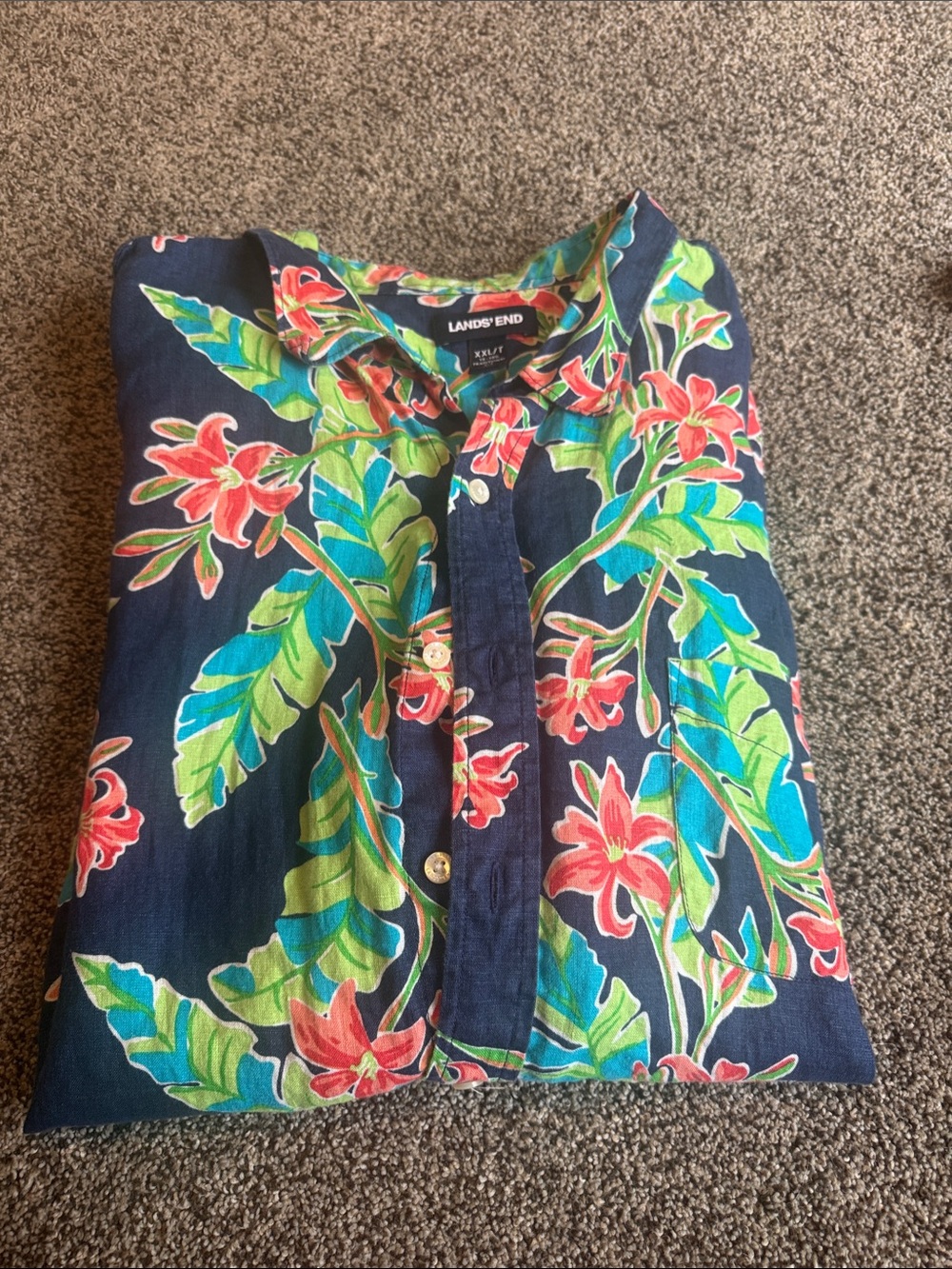 Lands' End Navy Button-Down Shirt with Pink Floral & Green Leaves-XXL/T